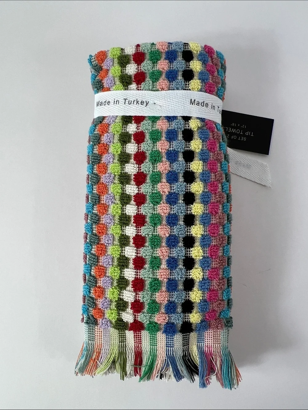 Rachel Zoe Hand Tip Towels Multicolor Stripe Dots Fringe Colorful 2 Pcs NEW